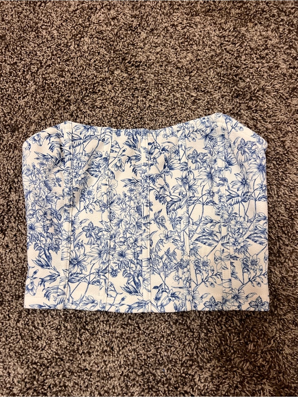 SHEIN White Strapless Bustier Top with Blue Floral Print
